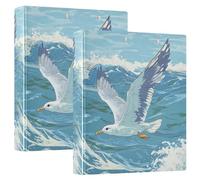 Lot de 2 classeurs à 3 anneaux 3,8 cm Motif vagues de mouettes volantes avec pochettes 1/2 paquet de classeurs Fournitures scolaires 200 feuilles
