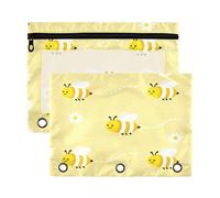 Lot de 2 classeurs à fermeture éclair avec fenêtre transparente Bumble Bees jaunes mignons à trois anneaux avec fenêtre transparente et œillets, pochettes à 3 trous pour l'école, le bureau et la