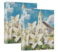 Lot de 2 classeurs à trois anneaux 3,8 cm avec pochettes intérieures Motif lys blancs Bleu ciel 200 feuilles