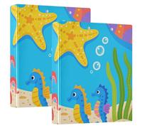 Lot de 2 classeurs à trois anneaux de 3,8 cm, animaux marins, océan, bleu mer, avec poches intérieures, 200 feuilles