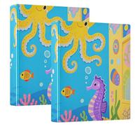 Lot de 2 classeurs à trois anneaux de 3,8 cm, animaux marins, océan, mer, avec poches intérieures, fournitures de bureau, couverture rigide