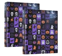 Lot de 2 classeurs ronds à anneaux 3,8 cm - Carrés violets mystérieux pour Halloween - Avec pochettes - 1/2 fournitures scolaires - 200 feuilles