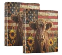 Lot de 2 classeurs ronds rustiques à 3 anneaux de 3,8 cm, motif vache des Highlands, tournesols, drapeau des États-Unis, peut contenir 200 feuilles, carnet de notes de base pour fournitures scolaires