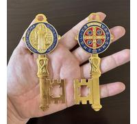 Lot de 2 clés en émail double face de Saint Benoît - 12,5 x 6,2 cm - Clé de bénédiction pour la protection - Médaille de San Benito - Décoration murale pour la maison et la porte - Cadeau de Pâques