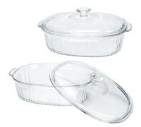 Lot de 2 Cocottes en Verre Borosilicate, Plats à Four Ovales 1,8 L et 3 L | Plats de Cuisson avec Couvercles pour Gratins, Lasagnes, Rôtis, Four, Micro-ondes, Congélateur et Service