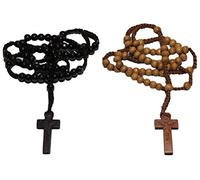 Lot de 2 colliers chapelet en perles en bois de couleur marron clair et noir avec croix imprimée de Jésus