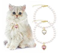 Lot de 2 Colliers de Perles pour Chat, Collier Réglable en Perles pour Animaux de Compagnie avec Pendentif en Strass en Forme de Cœur Collier pour Animal Domestique pour Chien, Chat, Fête de Mariage