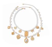 Lot de 2 colliers empilables plaqués or - Perles vintage et charme - Bijoux décoratifs pour femmes - Du bureau au soir - Événement - Or - Perles - Combinaison de collier charme