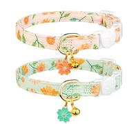 Lot de 2 colliers en coton pour chat, pendentif fleur beige et vert, collier de chat mignon avec cloche, idéal pour les filles, les chats, les garçons et les chats
