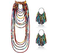 Lot de 2 colliers et boucles d'oreilles en tissu de style africain Ankara - Longues boucles d'oreilles à franges - Fabriquées à la main - Pour femme, Tissu polyester, Pas de gemme