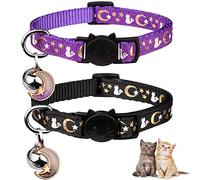 Lot de 2 Colliers pour Chat avec Cloche, Lune, étoiles, Collier réglable et sûr avec Pendentif Phosphorescent (Noir et Violet)