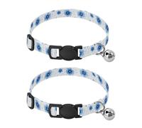 Lot de 2 colliers pour chat avec clochette et fleurs aquarelles bleues Longueur réglable 27 cm à 43 cm