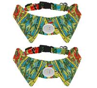 Lot de 2 colliers pour chien avec nœud papillon et clochette, motif mosaïque de bambou vert plantes vertes à revers réglable pour petits animaux de compagnie