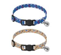 Lot de 2 colliers pour chien de petite race avec boucle à dégagement rapide pour filles et garçons - Bleu foncé - Motif chat coloré et cœur - Fond beige - Chat coloré et floral