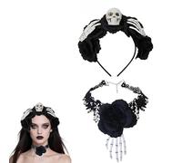 Lot de 2 colliers ras du cou avec roses squelettes gothiques et roses noires pour Halloween, costume de fête pour femme