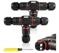 Lot de 2 connecteurs de câble à 3 broches étanches IP68 - En forme de T - Étanche - 3 broches - Pour câble de 3 à 12 mm de diamètre - Boîte de jonction étanche à 2 voies - Pour jardin, extérieur