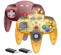 Lot de 2 contrôleurs en ligne N64 sans fil 2,4 GHz, récepteur USB, compatible avec Windows, PC, ordinateur portable, iOS, Mac, Raspberry Pi, Switch Online/NSO - (rechargeable) (rumble intégré) Jaune