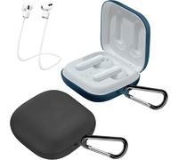 Lot De 2 Coque Compatible Avec Oppo Enco W51, Étui De Protection En Silicone Liquide, Housse Écouteur Antichoc Ultrafine Avec 2 Mousqueton Et 2 Corde De Anti-Perte - Noir Et Bleu