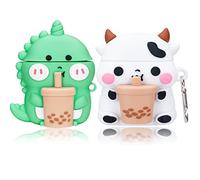 Lot de 2 Coques pour AirPods 2 et 1 génération 2016-2019, 3D Mignonnes et drôles de Dessin animé Boba Tea Vaches et thé Boba Tea Dinosaures Apple Airpod Coque en Silicone Souple avec Porte-clés pour