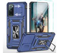 Lot De 2 Coques Renforcées Pour Samsung Galaxy S20 Fe 6,5"" - Cache Coulissant Pour Appareil Photo, Support Rotatif 360°, Protection Anti-Chocs Niveau Militaire + Film Anti-Explosion Inclus - Bleu