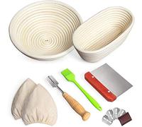Lot de 2 corbeilles à pain rondes et ovales de 25,4 cm avec lame à pain + racleur à pâte + doublure en lin + brosse à badigeonner pour la fabrication du pain et la fermentation