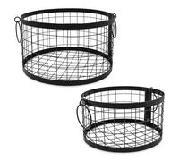 Lot de 2 corbeilles grillagées rondes en métal avec poignées noires - 27/22 cm - Panier d'étagère au design industriel en 2 tailles différentes - Panier décoratif en métal