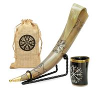 Lot de 2 cornes à boire Viking avec support et sac cadeau de 40 ml - Tasses en corne de bœuf faites à la main avec rune végétarienne gravée - Chope médiévale inspirée de la mythologie nordique pour