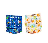 Lot de 2 couches en tissu pour bébé, anti-fuite, double boutonnage, respirant, imperméable, boutons-pression réglables, tissu en polyester imprimé dessin animé, pour nouveau-nés