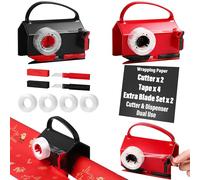 Lot de 2 coupe-papier d'emballage et dévidoir de ruban adhésif avec 4 rouleaux de ruban adhésif - Outil de découpe à double usage pour emballage cadeau de Noël avec 2 lames de rechange - Support de