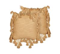 Lot de 2 Coussins à Franges avec Pompons 45 x 45 cm en Coton Beige Sable Olearia