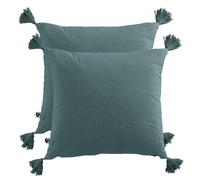 Lot de 2 Coussins Carrés 40 x 40 cm en Double Gaze de Coton Bleu Canard Déhoussable avec 4 Pompons - Pepa