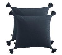 Lot de 2 Coussins Carrés 40 x 40 cm en Double Gaze de Coton Bleu Nuit Déhoussable avec 4 Pompons - Pepa