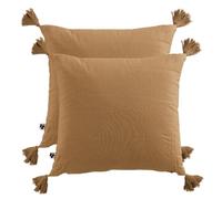 Lot de 2 Coussins Carrés 40 x 40 cm en Double Gaze de Coton Camel Déhoussable avec 4 Pompons - Pepa