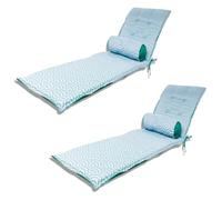Lot de 2 Coussins pour Chaise Longue & Transat 195/60cm + 2 Traversin - AntiUV et Imperméable - Motif Éventails Verts