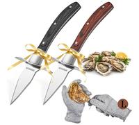 Lot de 2 couteaux à huîtres robustes avec manche en bois confortable, 1 paire de gants de protection de niveau 5 résistants aux coupures (L) pour palourdes d'huîtres