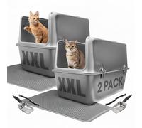 Lot de 2 couvercles de litière XXL en acier inoxydable de 30 L avec parois fermées de 40,6 cm de haut, joint anti-adhésif, anti-éclaboussures, système de couverture amovible, grand tapis de litière