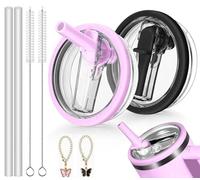 Lot de 2 couvercles de rechange, pour gobelets de voyage, réutilisables, anti-fuite et anti-poussière, avec paille et 2 pendentifs Stanley Cup (noir + rose)