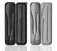 Lot de 2 Couverts de Camping Avec Valise(Noir, Gris) | Couverts Voyage Plastique, Cuillère, Couteau, Fourchette, Baguettes, Étui. Portables, Réutilisables pour Camping, Pique-Nique