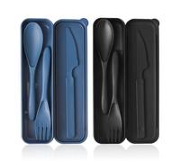 Lot de 2 couverts de voyage avec étui, couverts en plastique réutilisables, cuillères en plastique, couteaux et fourchettes, couverts portables pour les déplacements, le camping, les pique-niques en