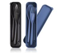 Lot de 2 couverts de voyage en plastique avec étui, réutilisables pour enfants et adultes, pour le travail, l'école ou un usage quotidien (2, grand bleu foncé, noir)