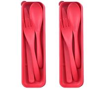 Lot de 2 couverts portables avec étui, 2 ensembles de couverts en plastique réutilisables couteau, fourchette, cuillère, set de vaisselle de voyage pour camping, pique-nique, bureau, école ou