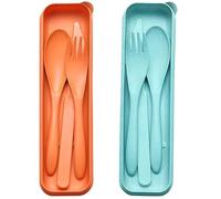 Lot de 2 couverts portables avec étui, en plastique réutilisables couteaux, fourchettes, cuillères, couverts de voyage pour camping, pique-nique, bureau, école ou utilisation quotidienne (vert+orange)