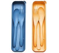 Lot de 2 couverts portables avec étui, en plastique réutilisables, couteaux, fourchettes, cuillères, couverts de voyage pour camping, pique-nique, bureau, école ou utilisation quotidienne (bleu+Jaune)