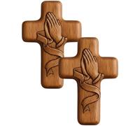 Lot de 2 croix de prière de poche, souvenir chrétien en bois naturel, article de dévotion religieuse marron pour le confort, la foi, la méditation, coffret cadeau avec sac à cordon de serrage et carte