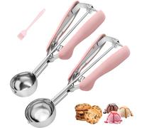 Lot de 2 cuillères à biscuits pour la cuisson avec poignée rose en acier inoxydable 18/8 avec poignée ergonomique douce, déclencheur à ressort pour cupcakes, muffins, boulettes de viande, melon