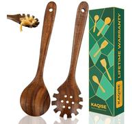 Lot de 2 cuillères en bois de teck pour nouilles, spaghtti et soupe (cuillère à spaghetti ronde)