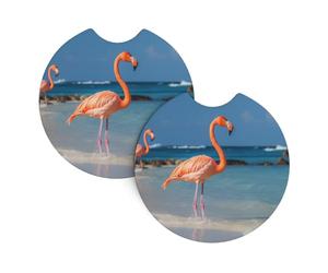 Lot De 2 De Verre Universels Flamant Rose De Plage Porte-Gobelet pour Boissons Imperméable Stable Dessous De Verre, pour Tasses À Café, Faire La Fête, Tous Les Véhicules, 6.9cm