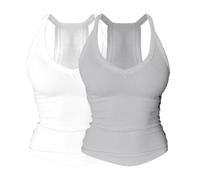 Lot de 2 débardeurs à col en V avec soutien-gorge intégré - Spaghetti - Sans manches - Coupe ajustée - Côtelé - Dos nageur - Haut de sport - T-shirt basique - Couleur unie, Colorful, L