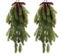 Lot de 2 décorations à suspendre en forme d'aiguilles de pin pour l'automne et l'hiver, fabriquées à partir de PVC offrant un aspect réaliste et un toucher doux (vert avec pomme de pin)