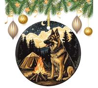 Lot de 2 décorations à suspendre en forme de chien berger assis à côté d'un feu de camp - 7,2 cm - Rond double face